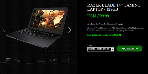 画像ギャラリー No.002のサムネイル画像 / Razerのゲーマー向け薄型ノート「Razer Blade」と「Razer Blade Pro」がプレオーダー開始。ただし現時点では北米のみ