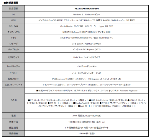 画像ギャラリー No.006のサムネイル画像 / G-Tune，GTX 980 Ti＋i7-4790K構成のゲームPCを24万8000円強で発売