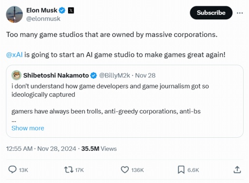 画像ギャラリー No.004のサムネイル画像 / Access Accepted第810回:メイク・ゲームズ・グレイト・アゲイン! イーロン・マスク氏が生成AIによるゲーム開発を行うスタジオを新設へ
