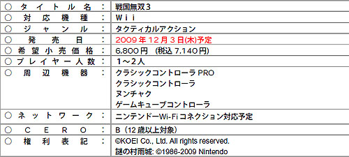 画像ギャラリー No.001のサムネイル画像 / Wii「戦国無双3」の発売日が12月3日に決定。Wii本体+特製クラコン同梱パックの発売も