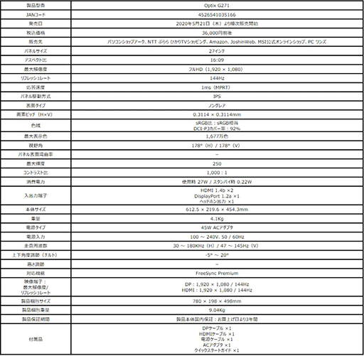 画像ギャラリー No.005のサムネイル画像 / MSI,144Hz表示とFreeSync対応の23.8型&27型フルHD液晶ディスプレイを発売