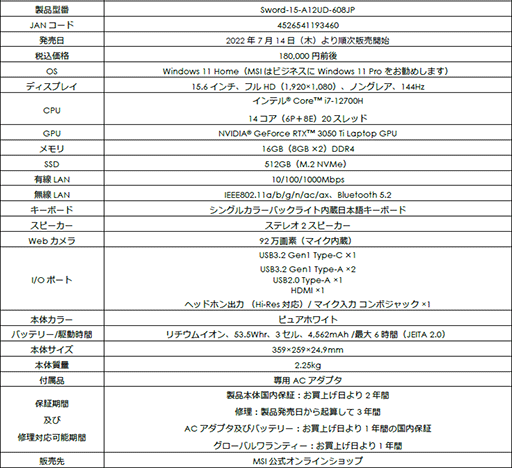 画像ギャラリー No.008のサムネイル画像 / MSI，RTX 3060搭載で税込約25万円のゲームノートPCを直販限定で発売
