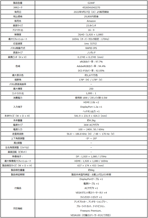 画像ギャラリー No.002のサムネイル画像 / MSI,170Hz表示対応で税込約3万円の23.8型フルHDディスプレイを発売