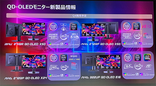 画像ギャラリー No.001のサムネイル画像 / 500Hz表示に対応した量子ドット有機ELパネル採用27型モデルなど,MSIが国内発売予定のゲーマー向けディスプレイを公開