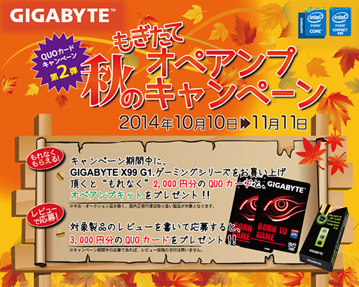 画像集#001のサムネイル/GIGABYTE製ゲーマー向けX99マザー購入でQUOカード2000円分と交換用OPAMPがもらえるキャンペーン。11月11日まで