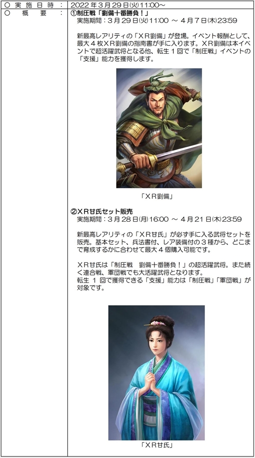 画像ギャラリー No.002のサムネイル画像 / 「100万人の三國志」,新レアリティ「XR武将」が登場するイベント「制圧戦 劉備十番勝負!」が開催に