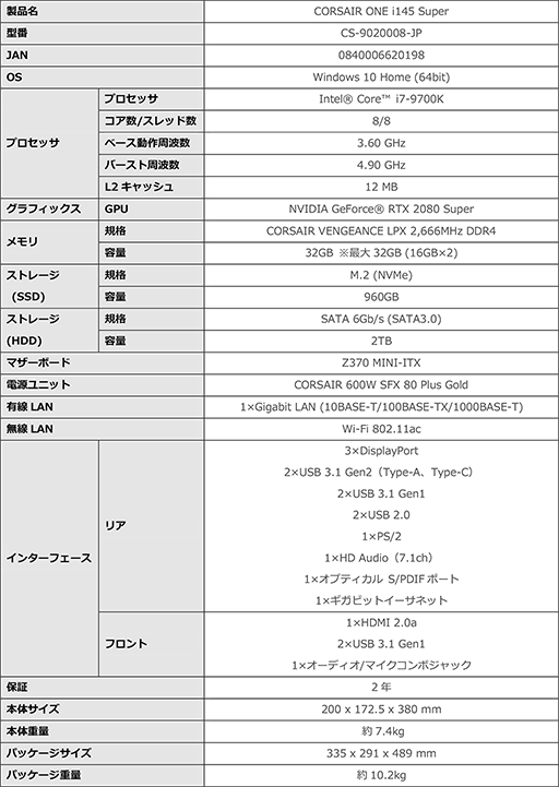 画像ギャラリー No.003のサムネイル画像 / Core i7-9700K+RTX 2080 SUPER搭載のCorsair製小型ゲーマー向けPC「CORSAIR ONE i145s」が国内発売