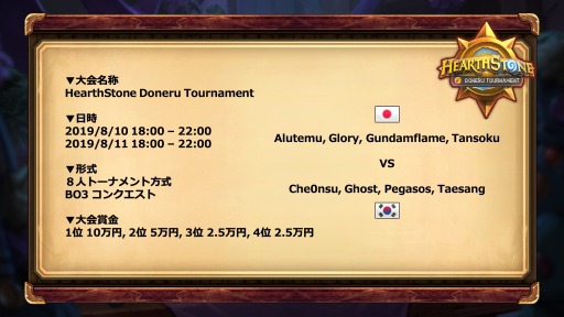 画像ギャラリー No.002のサムネイル画像 / 「ハースストーン」,Doneru主催の日韓対抗戦が8月10日,11日に開催