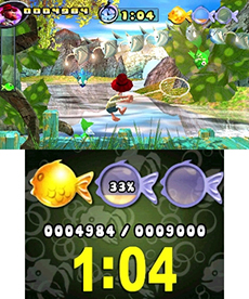 画像集#002のサムネイル/3DS用ダウンロードソフト「ウオキャッチ！」が6月19日にニンテンドーeショップで配信。池から飛び出てくる魚を網で捕まえまくるのだ