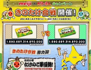 画像集#005のサムネイル/「太鼓の達人 キミドリVer.」明治とのコラボ企画「きのたけ合戦」を9日から開催