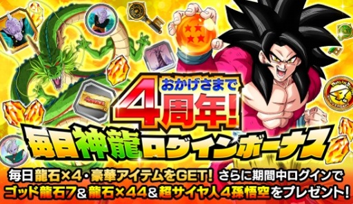 ドラゴンボールz ドッカンバトル 4周年記念イベント 驚天動地の大冒険 4周年究極dokkan謝祭 が開催 豪華報酬が獲得できるログイン ボーナス ミッションを実施