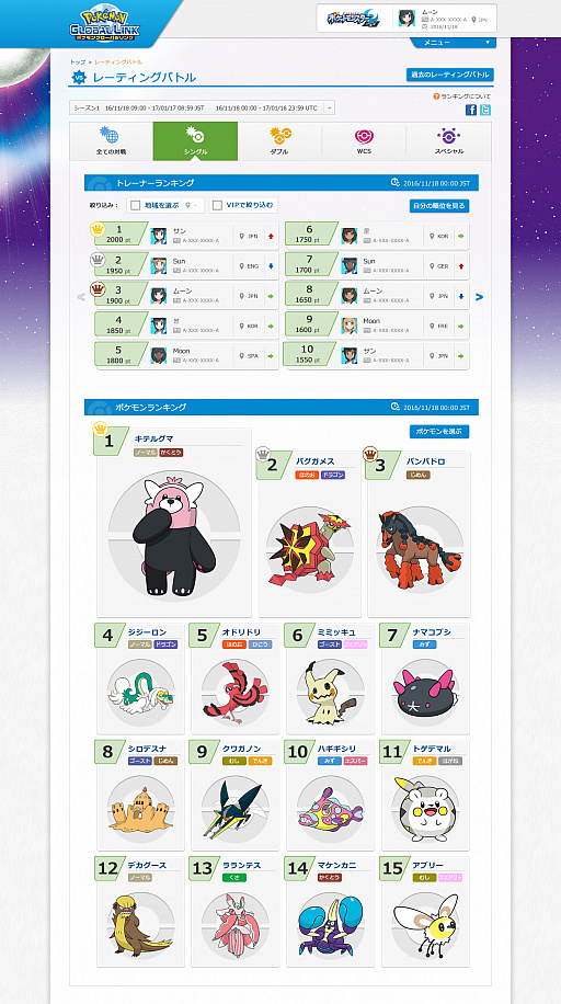 ポケモングローバルリンク バトルで使われているポケモンの情報が分かる ポケモンランキング が公開