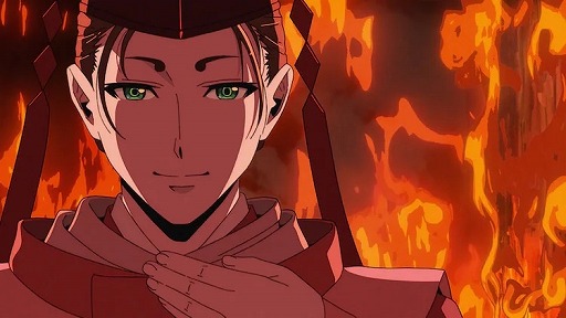 炎の背景を持つ武将像