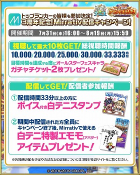 白猫テニス 3周年記念のキャンペーンが発表に
