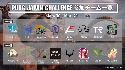 画像集#001のサムネイル/eスポーツ大会「PUBG JAPAN CHALLENGE 2021 Phase1」の出場チーム，スポンサーが決定