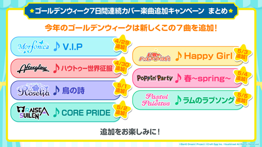 画像ギャラリー No.002のサムネイル画像 / 「バンドリ!」,4月29日15時から“ゴールデンウィーク7日間連続カバー楽曲追加キャンペーン”が開催