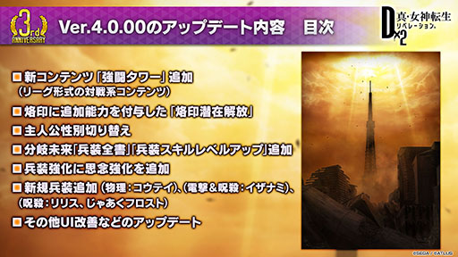 D2メガテン のver 4 0 00アップデート情報が明らかに 対戦コンテンツ 強闘タワー など新要素が発表された生放送の模様をレポート