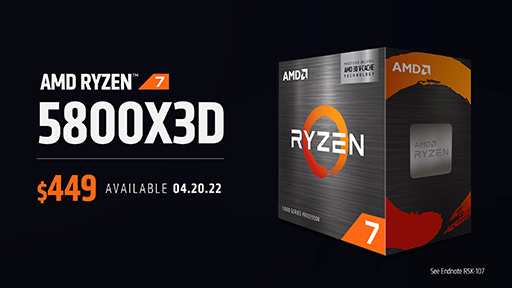 画像集#002のサムネイル/AMD，3D V-Cache搭載の新型CPU「Ryzen 7 5800X3D」を4月20日に発売。大容量キャッシュメモリによる高いゲーム性能をアピール