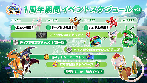 画像集#022のサムネイル/「Pok&#233;mon UNITE」1周年イベント（後半）先行レポート。“テイア蒼空遺跡”が新たな戦いの場に。ミュウ，ドードリオ，ハッサムの参戦も