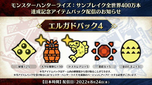 画像ギャラリー No.002のサムネイル画像 / 「MHR:サンブレイク」が販売本数400万本を突破。記念アイテム“エルガドパック4”を8月24日に配信