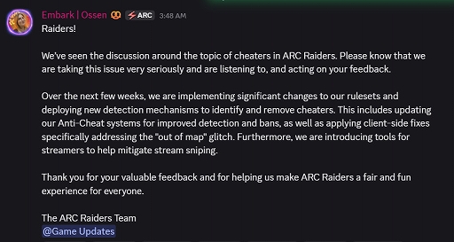 画像ギャラリー No.003のサムネイル画像 / Embark Studios,ゲーマーからの問題提起を受けて「ARC Raiders」に蔓延するチーターの抜本的対策を表明