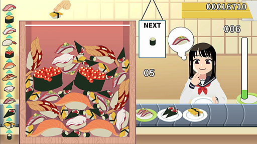画像ギャラリー No.004のサムネイル画像 / PC向け落ち物系パズルゲーム「元祖 落とし寿司 めびうす」のSteamストアページを公開。同じ種類の寿司を合わせて大トロ握りを目指せ