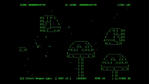 画像ギャラリー No.003のサムネイル画像 / 画面に映るすべてが実際のASCII文字。“文字通り”テキストオンリーな横スクロールSTG「バトル・フォー・アスキオン」，本日発売