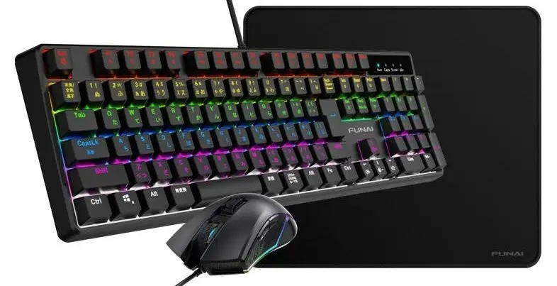 FUNAI,ゲーマー向けキーボードとマウス,マウスパッドの3点