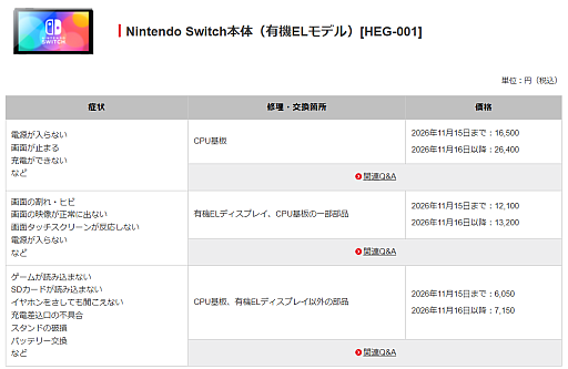 画像ギャラリー No.003のサムネイル画像 / Switch2 / Switch本体の修理価格を11月16日に到着した修理品から改定。修理内容によっては9900円の値上げに