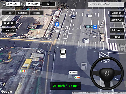 画像集#006のサムネイル/Googleマップ上で自動車運転ができるゲーム，「3D自動車シミュレータ」が公開