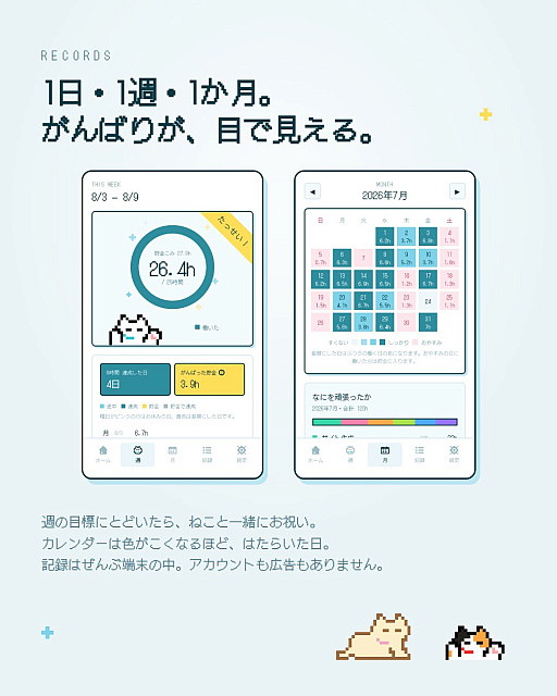 画像ギャラリー No.003のサムネイル画像 / 創作,勉強など,給料の出ない「自分の仕事」をねこと一緒に数えるアプリ「ねこ勤怠 作業記録をつけるにゃー」,配信開始
